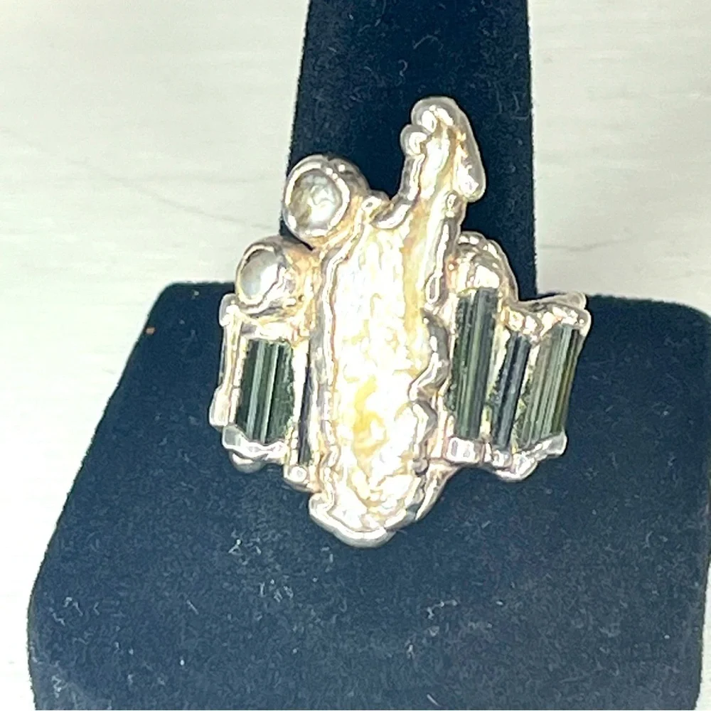 Vintage C + R Jewelry 999 Silver Green Tourmaline and Pearl Ring Size 8.5